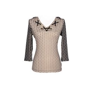 Women's Dressy Top V-Neck Size L Taupe Polka Dot Detailed Sleeves Klaveli NWT